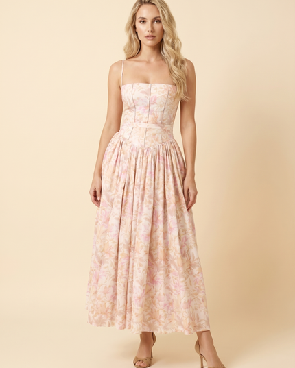 Women Floral Corset Midi Cocktail Dress