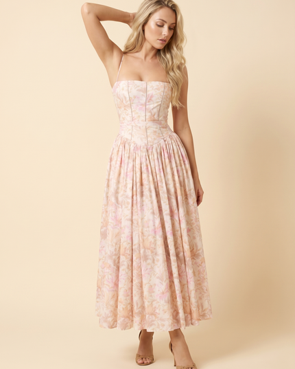 Women Floral Corset Midi Cocktail Dress