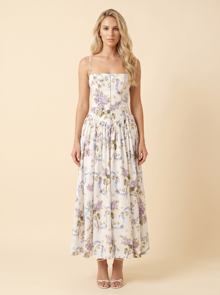 Women Floral Corset Midi Cocktail Dress