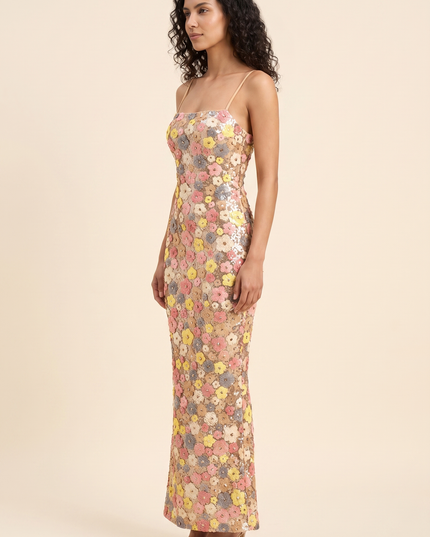 Women Floral Sequin Square Neck Maxi Dress