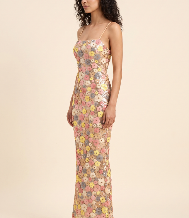 Women Floral Sequin Square Neck Maxi Dress