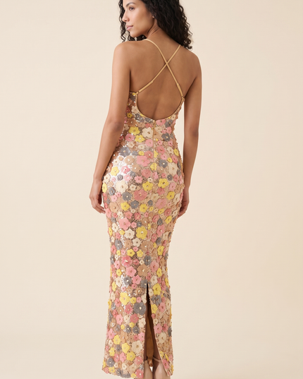 Women Floral Sequin Square Neck Maxi Dress