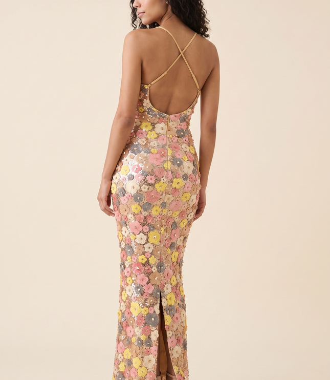 Women Floral Sequin Square Neck Maxi Dress