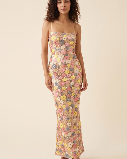 Women Floral Sequin Square Neck Maxi Dress