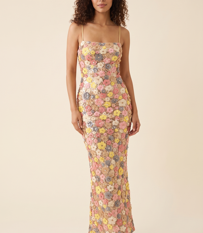 Women Floral Sequin Square Neck Maxi Dress