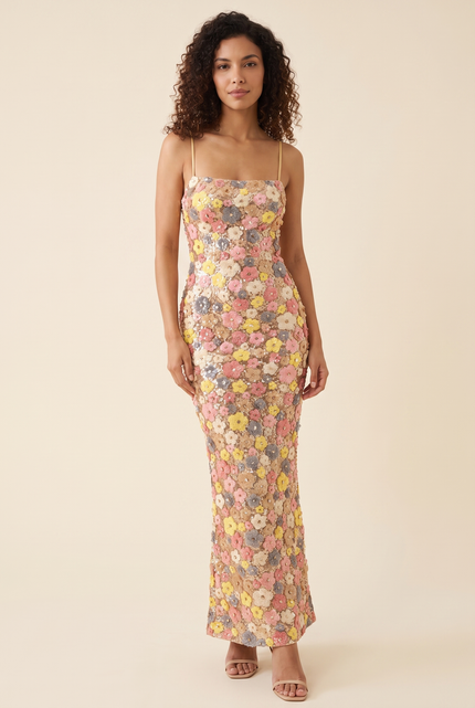 Women Floral Sequin Square Neck Maxi Dress
