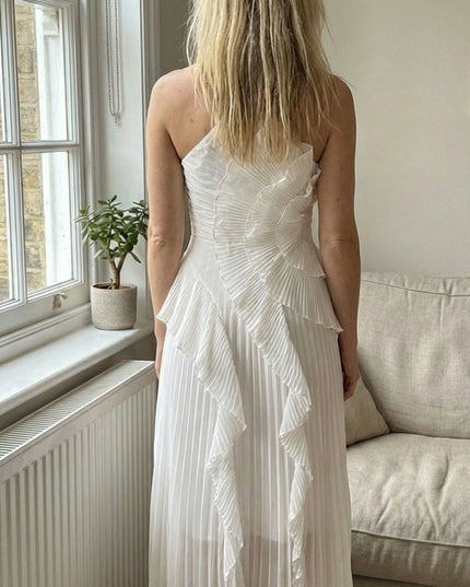 Women Maxi Halter Ruffled Pleated Dress