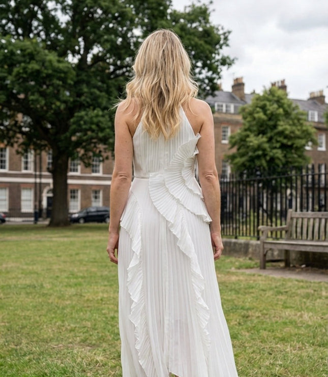 Women Maxi Halter Ruffled Pleated Dress