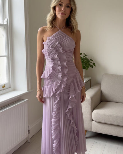 Women Maxi Halter Ruffled Pleated Dress