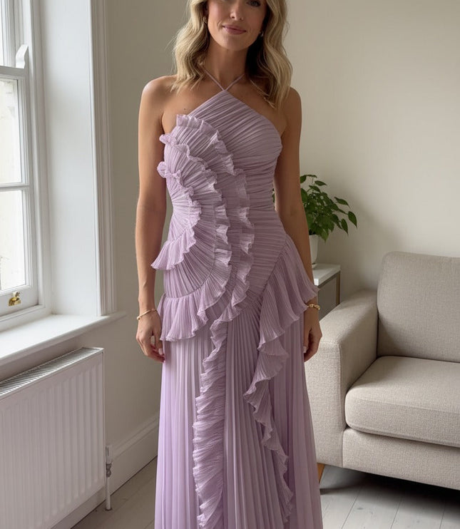 Women Maxi Halter Ruffled Pleated Dress