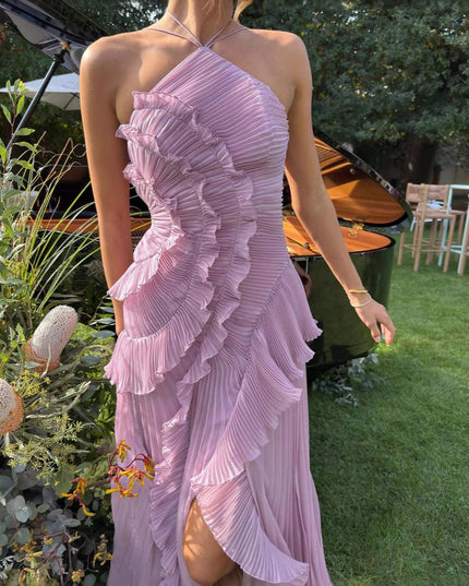 Women Maxi Halter Ruffled Pleated Dress