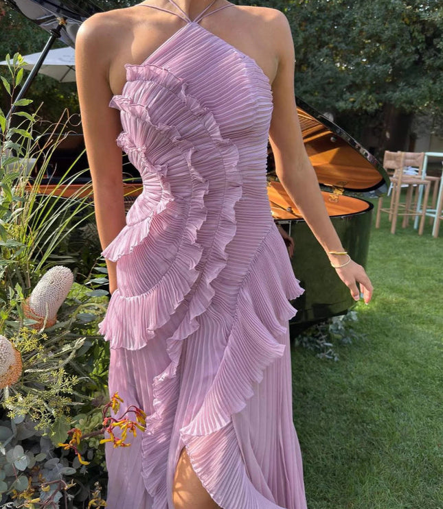 Women Maxi Halter Ruffled Pleated Dress