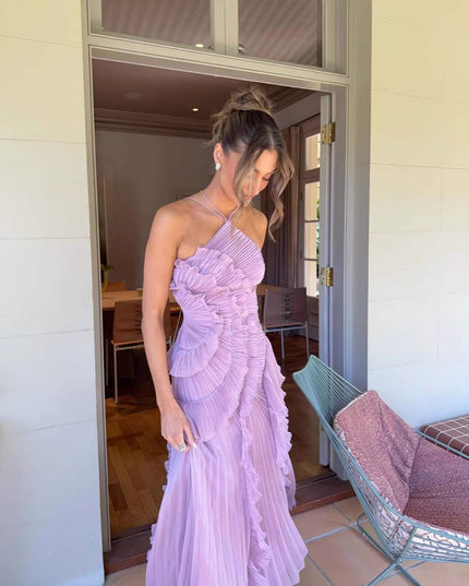 Women Maxi Halter Ruffled Pleated Dress