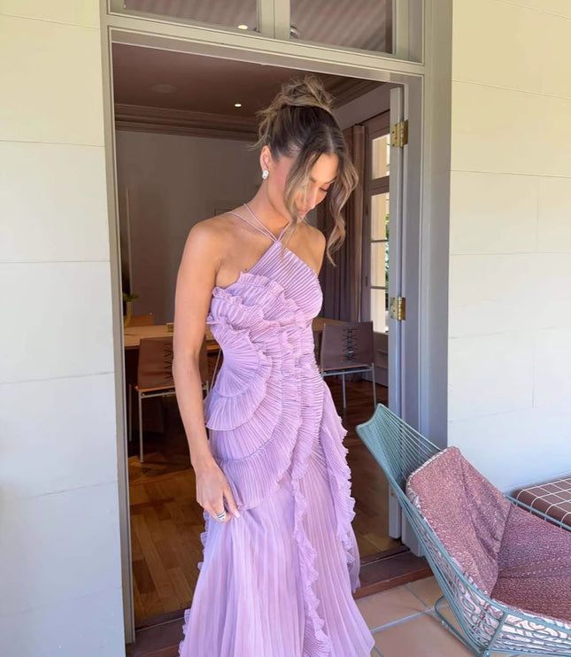 Women Maxi Halter Ruffled Pleated Dress