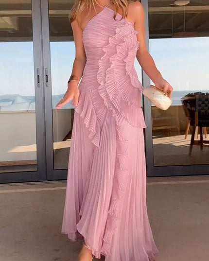 Women Maxi Halter Ruffled Pleated Dress