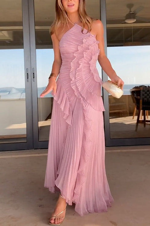 Women Maxi Halter Ruffled Pleated Dress