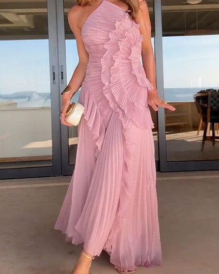 Women Maxi Halter Ruffled Pleated Dress