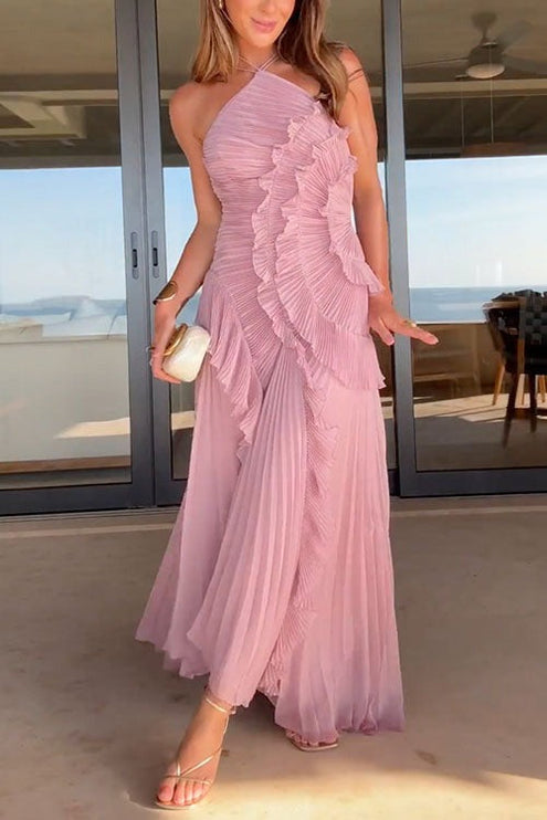 Women Maxi Halter Ruffled Pleated Dress