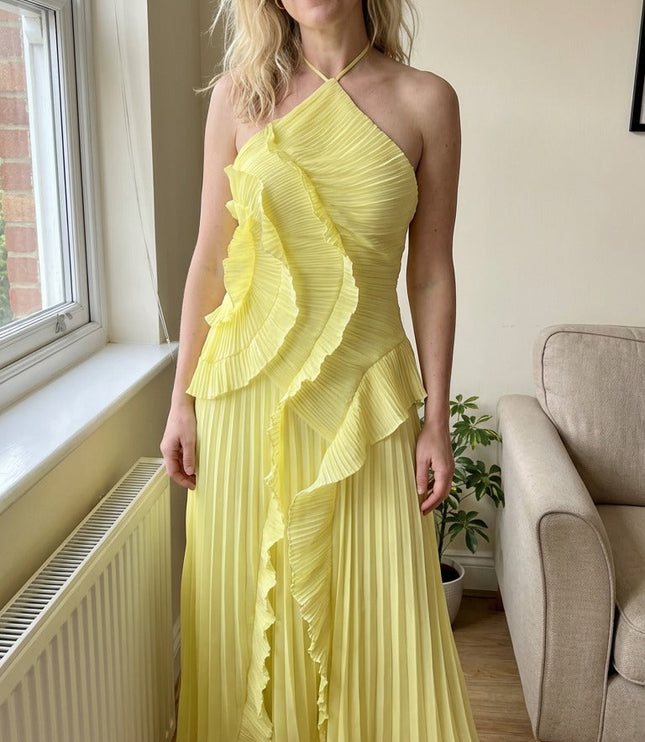 Women Maxi Halter Ruffled Pleated Dress
