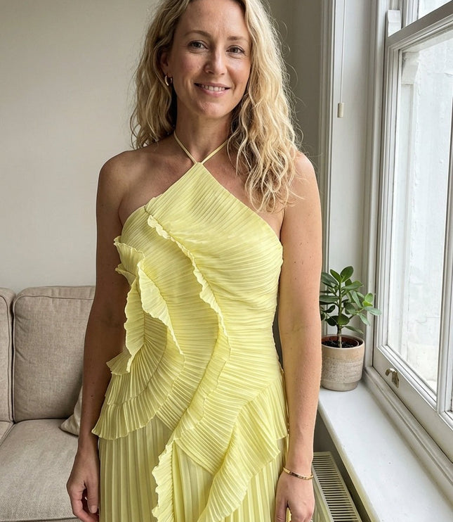 Women Maxi Halter Ruffled Pleated Dress