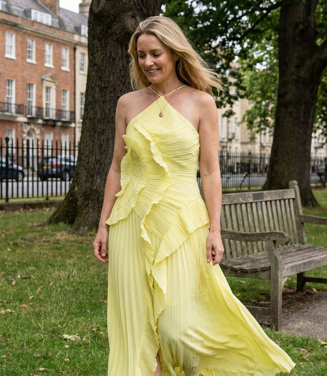 Women Maxi Halter Ruffled Pleated Dress