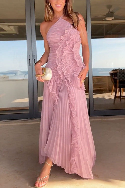 Women Maxi Halter Ruffled Pleated Dress