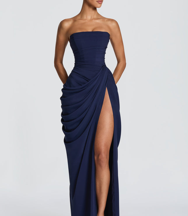 Navy strapless corset maxi womens dress with ruched draping and high thigh split skirt front view