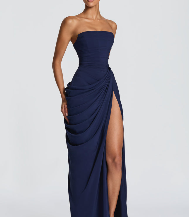 Side angle navy strapless corset womens dress with ruched bodice and thigh split maxi skirt