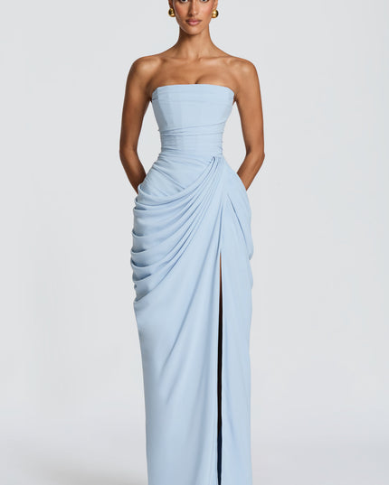 Light blue strapless corset maxi womens dress with gathered waist and center thigh split