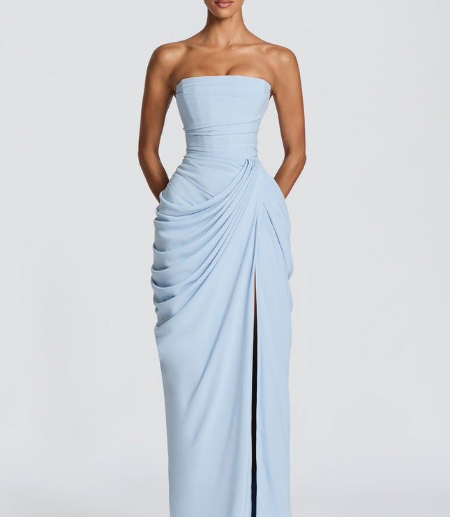 Light blue strapless corset maxi womens dress with gathered waist and center thigh split