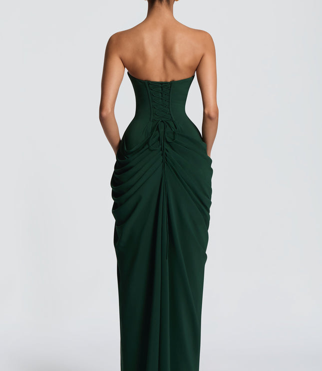 Dark green strapless corset maxi dress with high slit and fitted draped skirt