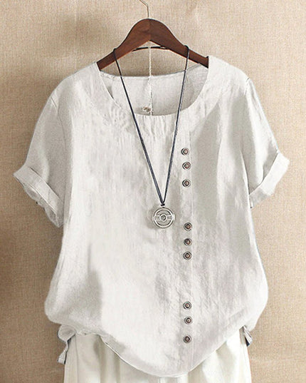 Women Short Sleeve Round Neck Button Front Top