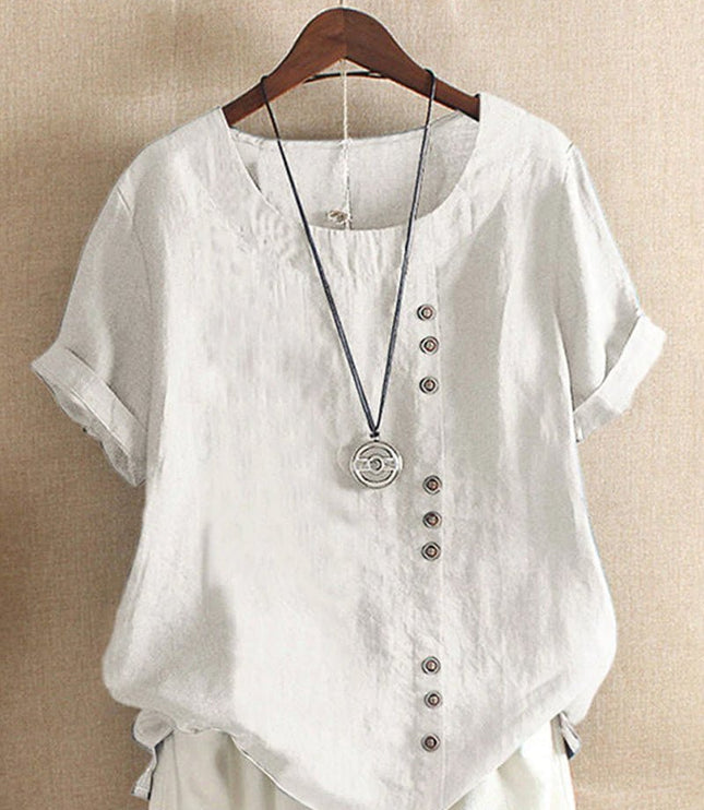 Women Short Sleeve Round Neck Button Front Top