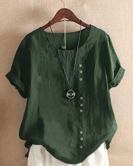 Women Short Sleeve Round Neck Button Front Top
