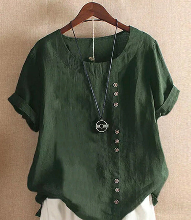 Women Short Sleeve Round Neck Button Front Top