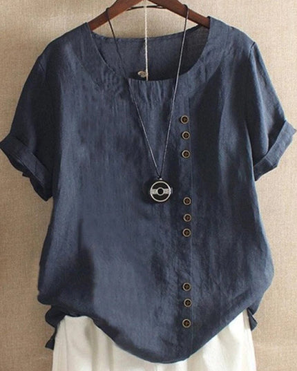 Women Short Sleeve Round Neck Button Front Top