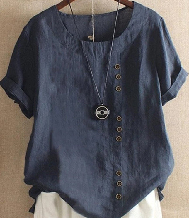Women Short Sleeve Round Neck Button Front Top
