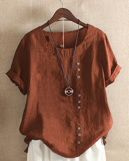 Women Short Sleeve Round Neck Button Front Top