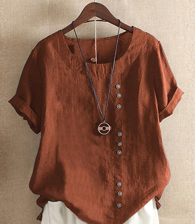 Women Short Sleeve Round Neck Button Front Top