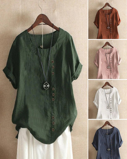 Women Short Sleeve Round Neck Button Front Top