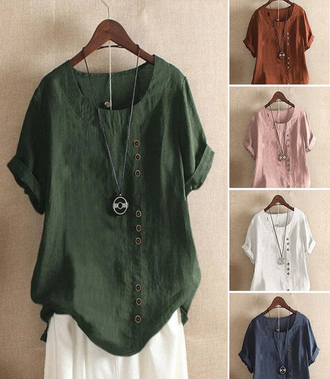 Women Short Sleeve Round Neck Button Front Top