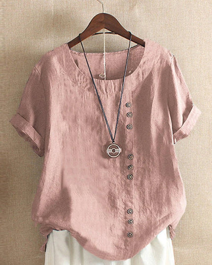 Women Short Sleeve Round Neck Button Front Top