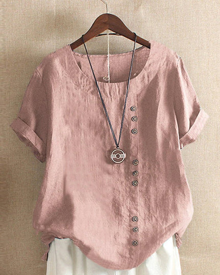 Women Short Sleeve Round Neck Button Front Top