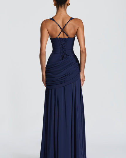 Back view of navy square neck womens dress maxi with crisscross straps and lace-up corset back