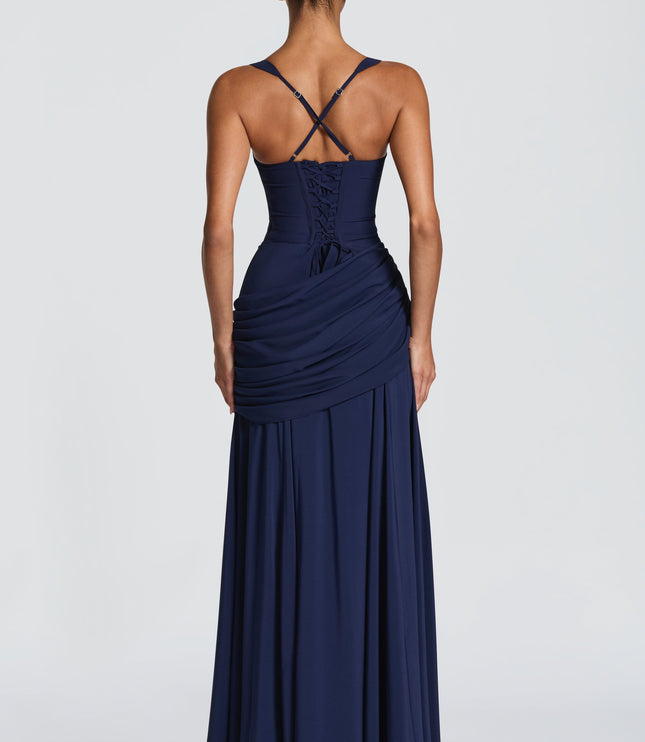 Back view of navy square neck womens dress maxi with crisscross straps and lace-up corset back