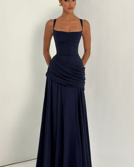 Front view navy square neck womens dress maxi with fitted bodice, ruched hip drape, and long skirt