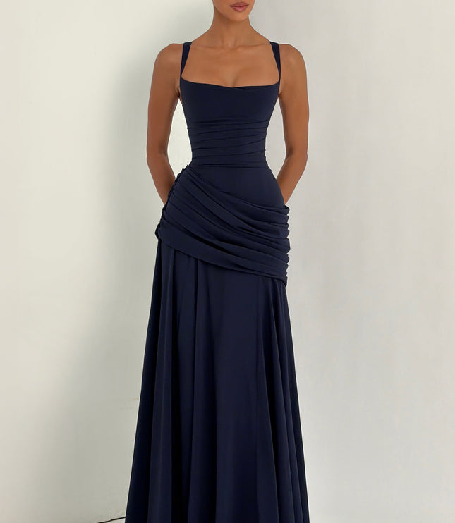 Front view navy square neck womens dress maxi with fitted bodice, ruched hip drape, and long skirt