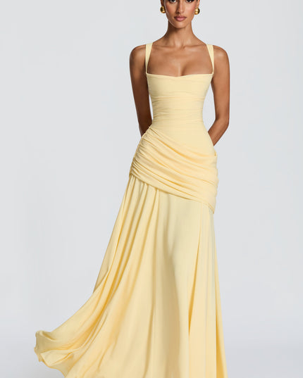 Butter yellow square neck womens dress, ruched waist and flowing maxi skirt, front view