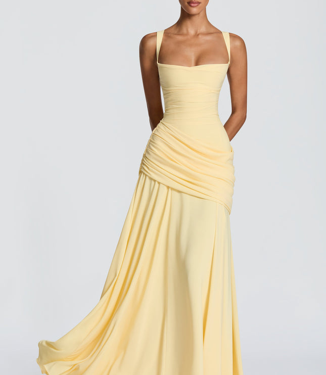 Butter yellow square neck womens dress, ruched waist and flowing maxi skirt, front view