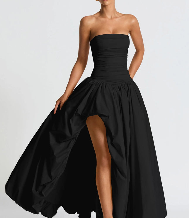 Front view black strapless high low maxi cocktail dress with fitted bodice and full skirt